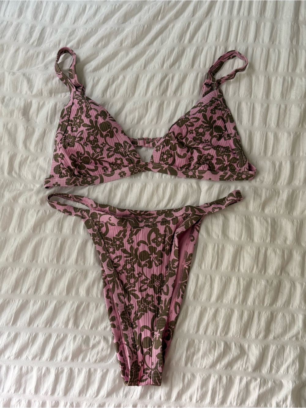 PacSun Pink and Brown Floral Ribbed Bikini Top & Bottom Set